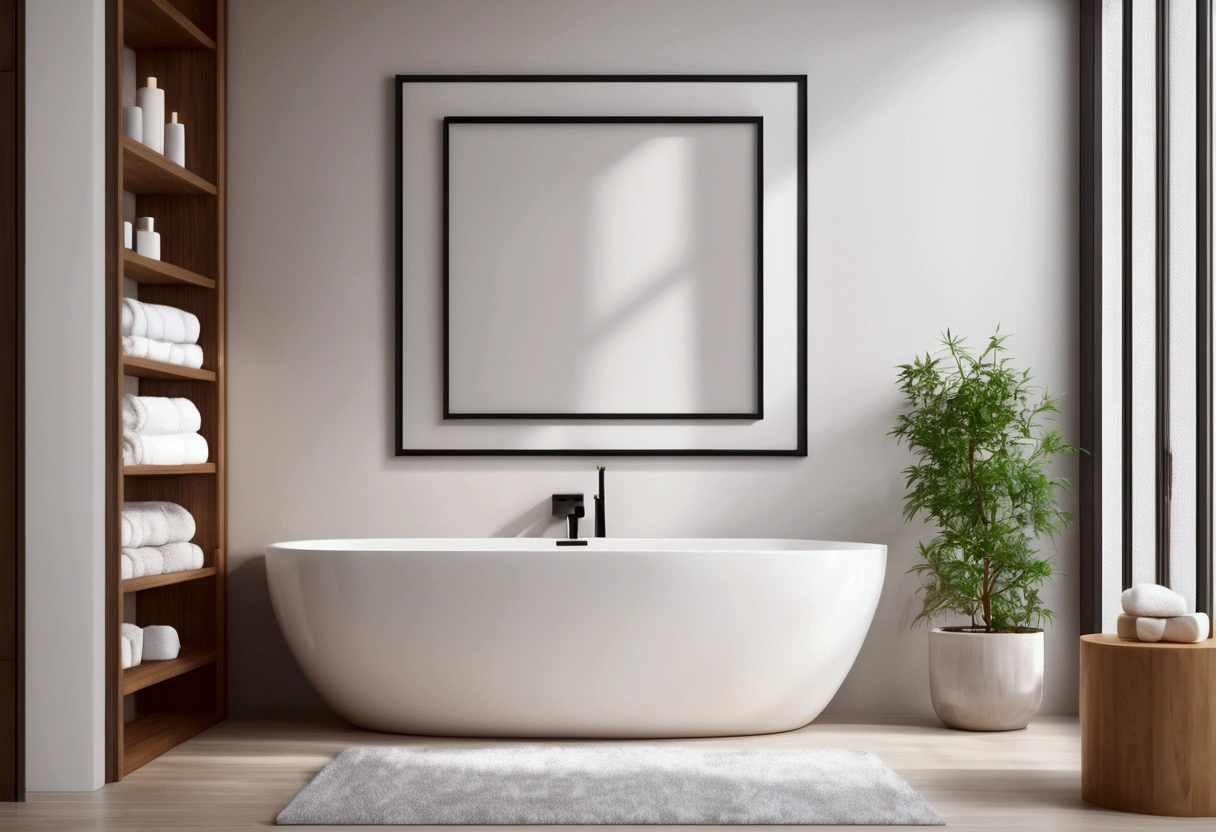 blank Picture frame on the shelf in the bathroom ,Contemporary bathroom with a freestanding tub and minimal fixtures. close up frame, 3d render, best detail, high_resolution,