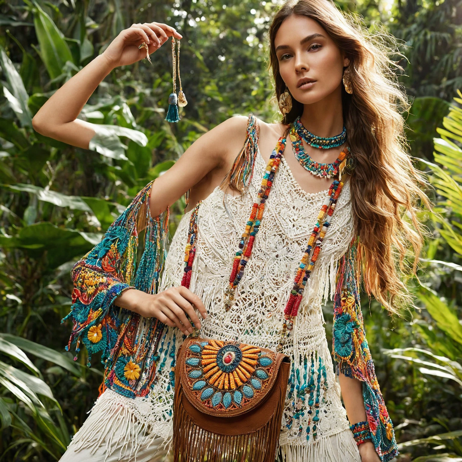 Capture a high-resolution, cinematic photo of a model exuding confidence in a bohemian bliss outfit. Imagine the model rocking a pair of wide-leg pants boasting a mesmerizing paisley print in colors that echo the floral theme. Picture a white crochet crop top with intricate lace details along the neckline and sleeves, its pattern mirroring the floral motifs. A medium-sized fringe bag crafted from rich brown leather hangs over her shoulder, the long fringe adorned with colorful beads and tassels. Layer upon her neck captivating necklaces - a large gemstone pendant and delicate gold chains with seashell charms. Stacked, vibrant beaded bracelets adorn her wrists. Let the lush greenery of a tropical rainforest engulf the background, sunlight filtering through the towering trees and illuminating a hidden waterfall in the distance. Ensure realistic textures for all elements, including the fabric, crochet details, leather, fringe, jewelry, and beads.