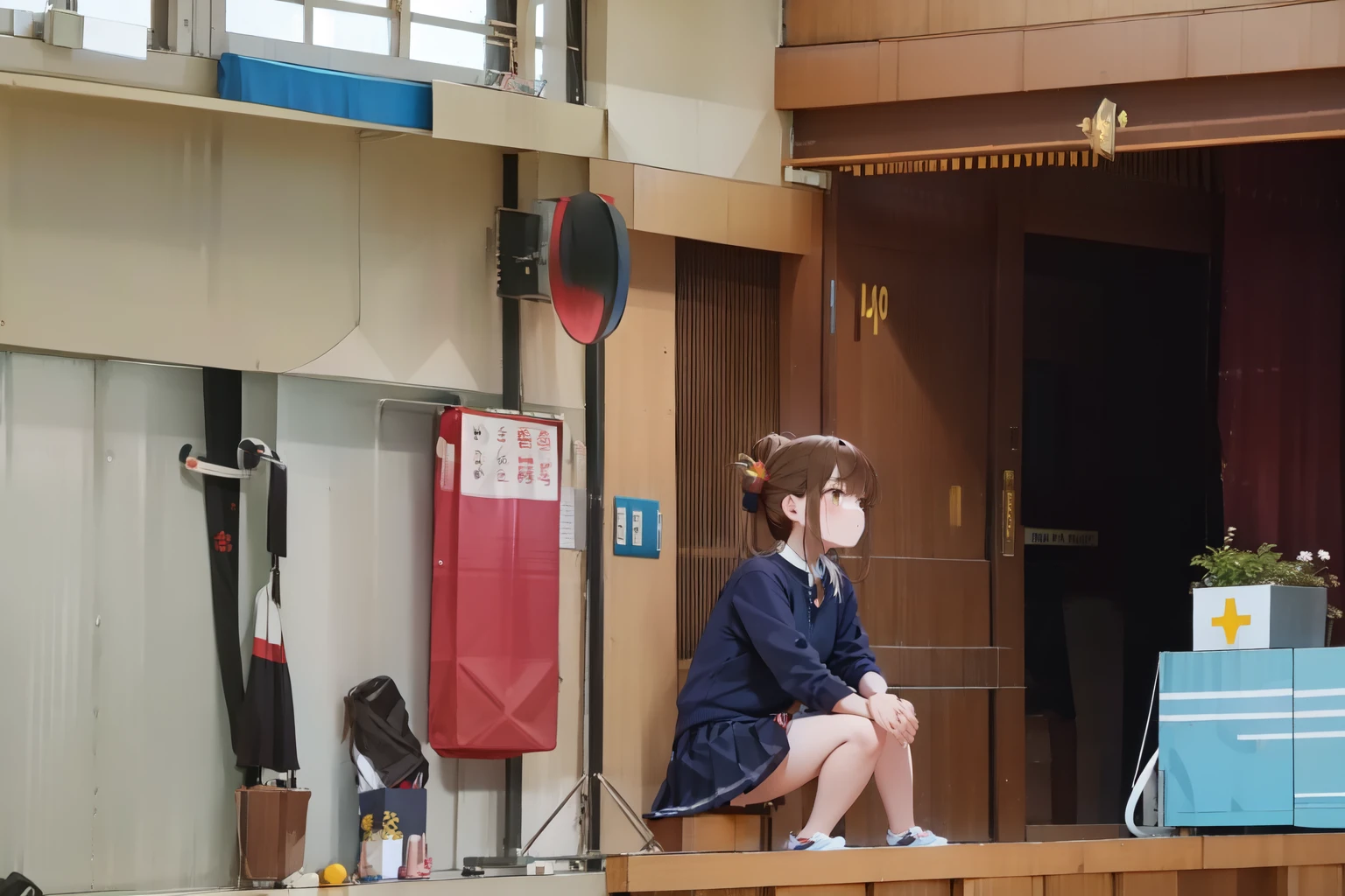 A female student in a sailor uniform sitting on the floor of the gymnasium and watching a physical education class because she feels unwell,(masterpiece, best quality:1.2),illustration,8k,HD,1girl,独奏,upper body,(portrait:1.2),brown_hair,folded_ponytail,brown_eyes,serafuku,long_hair,school_uniform,skirt,pleated_skirt,