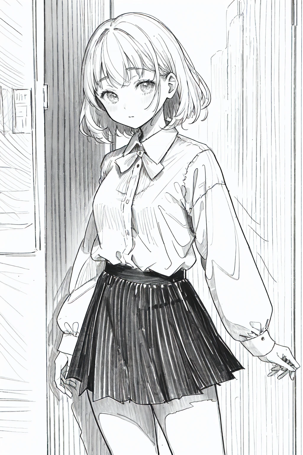 One Girl,Line art,Monochrome,sketch,Pencil drawing,Traditional Media,One Girl, 黒いskirtフェンス, Long Hair Shirt, Long sleeve, skirt, alone、Are standing、Cute age Girl, ,Beautiful portrait、Delicate body、Whole Body Ezbian、saw、ru、Bob、short hair、Patsun