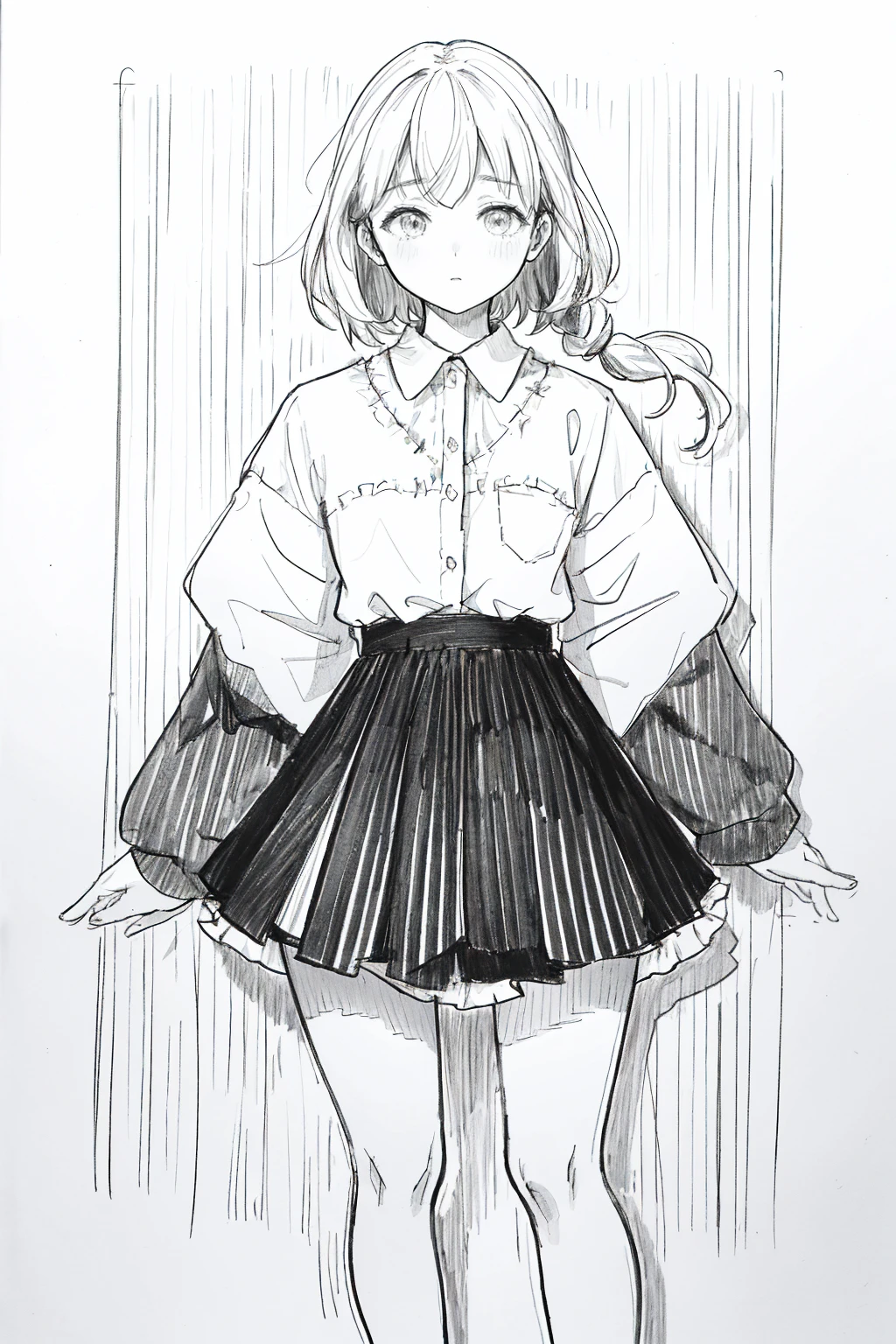 One Girl,Line art,Monochrome,sketch,Pencil drawing,Traditional Media,One Girl, 黒いskirtフェンス, Long Hair Shirt, Long sleeve, skirt, alone、Are standing、Cute age Girl, ,Beautiful portrait、Delicate body、Whole Body Ezbian、saw、ru、Bob、short hair、Patsun