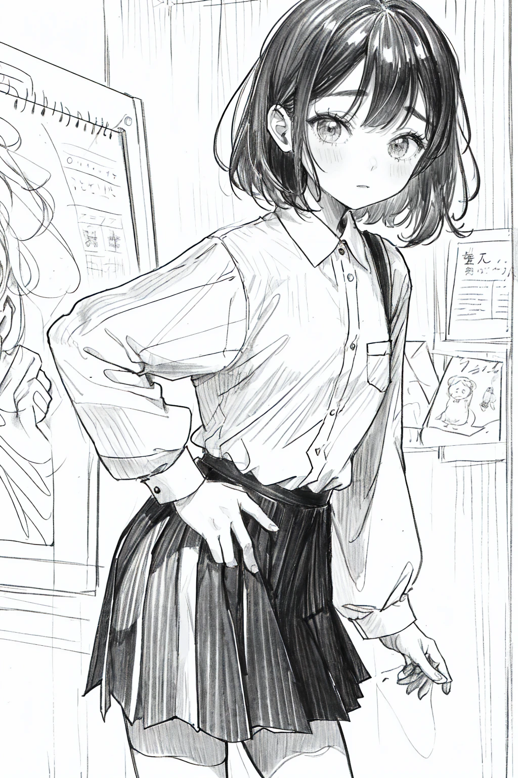 One Girl,Line art,Monochrome,sketch,Pencil drawing,Traditional Media,One Girl, 黒いskirtフェンス, Long Hair Shirt, Long sleeve, skirt, alone、Are standing、Cute Teenage Girl, ,Beautiful portrait、Delicate body、Whole Body Ezbian、saw、ru、Bob、short hair、Patsun