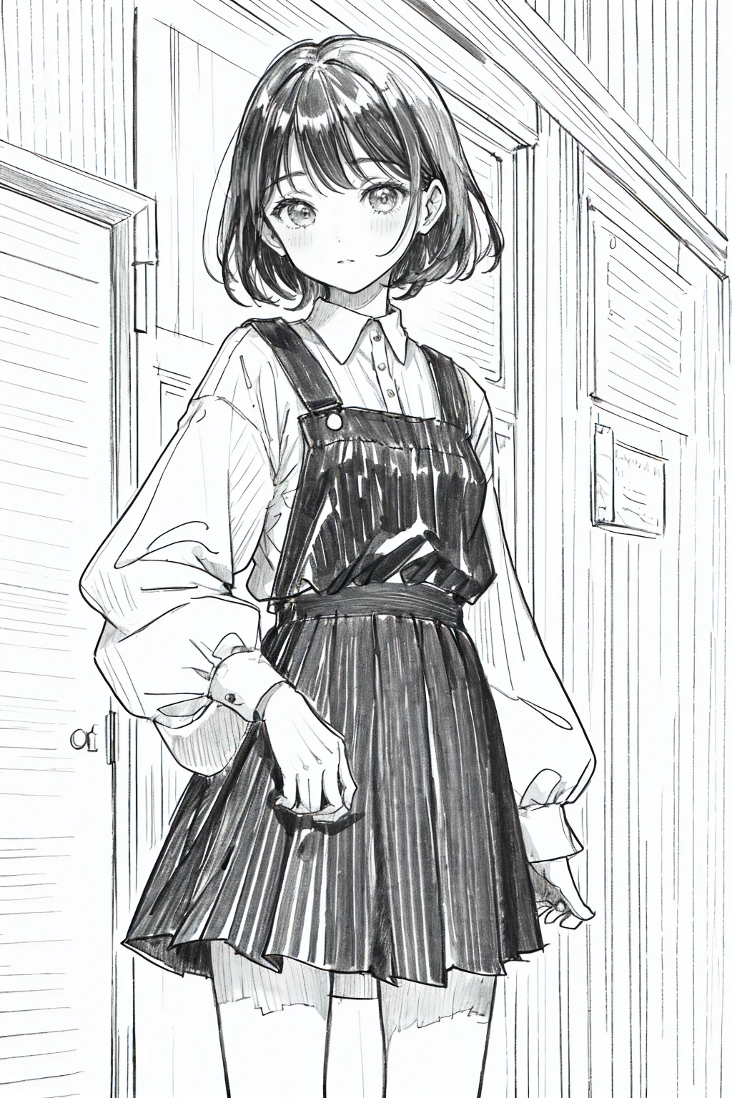 One Girl,Line art,Monochrome,sketch,Pencil drawing,Traditional Media,One Girl, 黒いskirtフェンス, Long Hair Shirt, Long sleeve, skirt, alone、Are standing、Cute Teenage Girl, ,Beautiful portrait、Delicate body、Whole Body Ezbian、saw、ru、Bob、short hair、Patsun