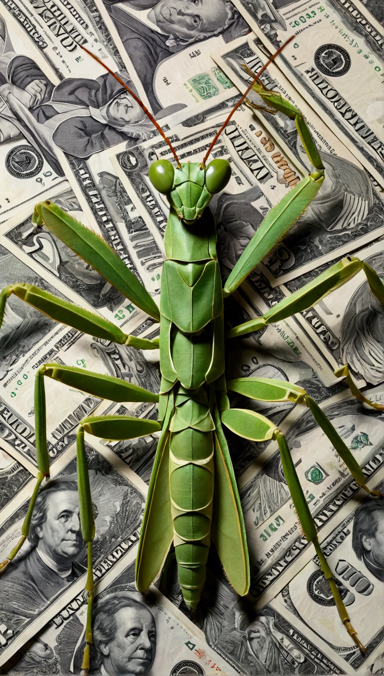 A highly detailed, photorealistic image of a praying mantis made entirely out of paper currency. The mantis should have intricate folds and creases, with various denominations and designs of currency visible on its surface. The background should be a neutral setting to emphasize the unique material of the mantis.
