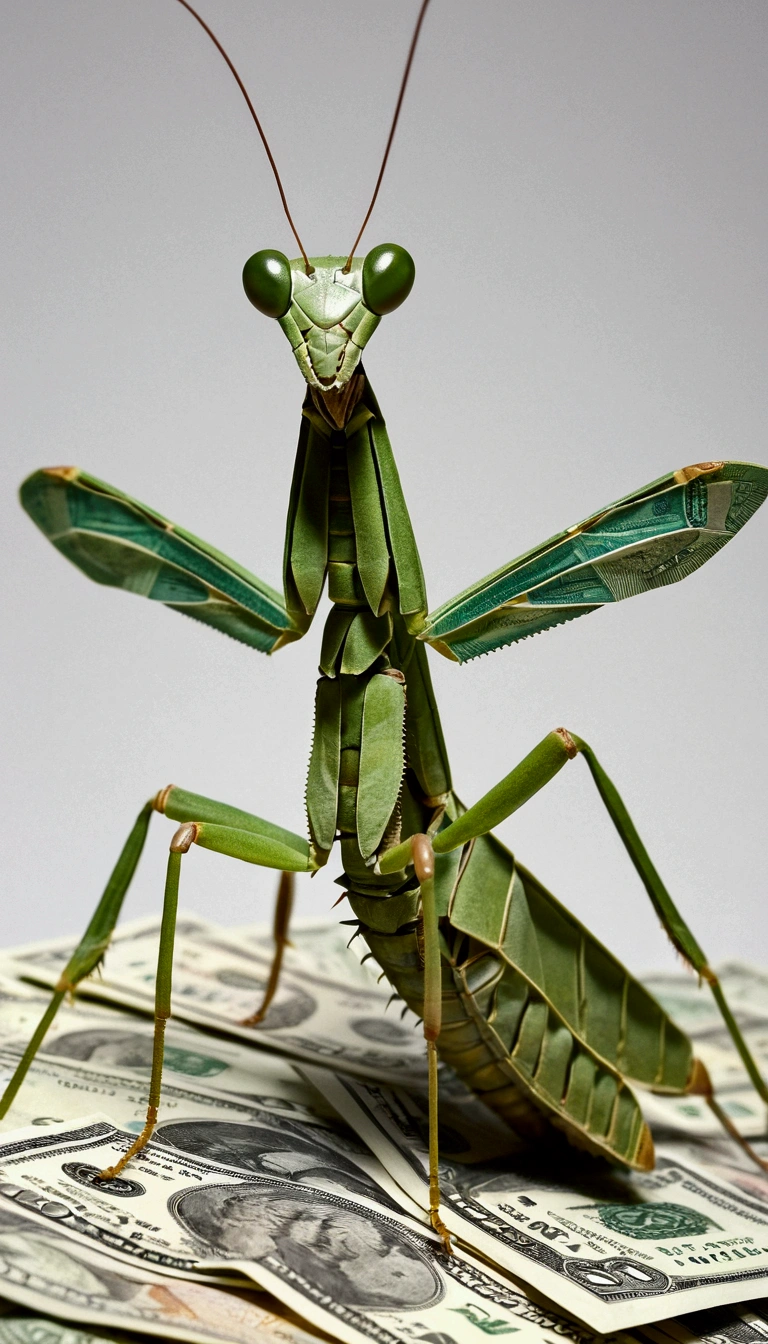 A highly detailed, photorealistic image of a praying mantis made entirely out of paper currency. The mantis should have intricate folds and creases, with various denominations and designs of currency visible on its surface. The background should be a neutral setting to emphasize the unique material of the mantis.