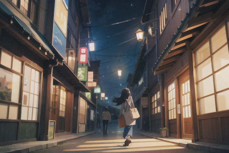 best quality,(masterpiece:1,2),highres,original,perfect lighting,extremely detailed wallpaper,(extremely detailed CG:1.2),Japanese manga style,Studio Ghibli,Hayao Miyazaki style,high saturation,Rich details,A girl carrying a bag walking down the street, (best quality:1.3), (high resolution:1), (detailed:1.3), (excellent:1.3), (perfect:1.3), (perfection:1.3), (Roll cover art:0), (illustration:1.3), Studio Ghibli's artwork