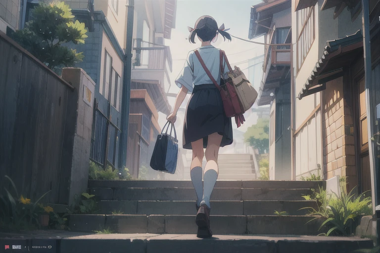 best quality,(masterpiece:1,2),highres,original,perfect lighting,extremely detailed wallpaper,(extremely detailed CG:1.2),Japanese manga style,Studio Ghibli,Hayao Miyazaki style,high saturation,Rich details,A girl carrying a bag walking down the street, (best quality:1.3), (high resolution:1), (detailed:1.3), (excellent:1.3), (perfect:1.3), (perfection:1.3), (Roll cover art:0), (illustration:1.3), Studio Ghibli's artwork