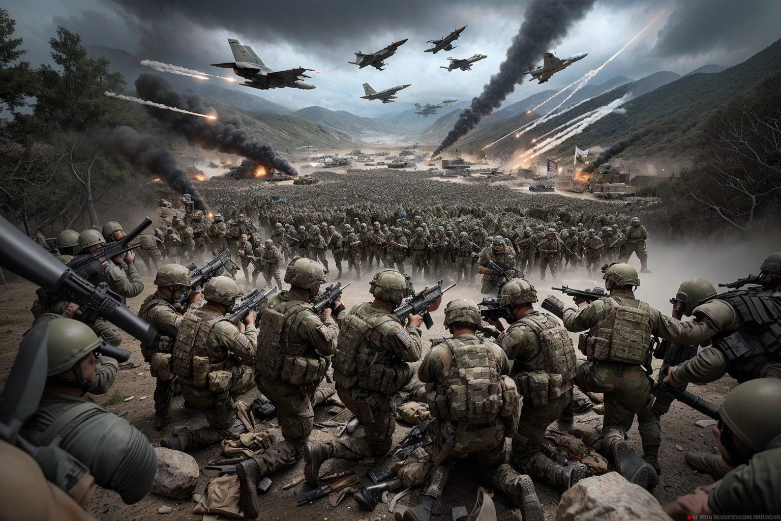 12 elite army soldiers faced thousands of troops armed with machetes and guns on a battlefield near a rocky hill, above the sky many jet planes and ballistic missiles, chaotic atmosphere, no blur, very realistic, realistic texture