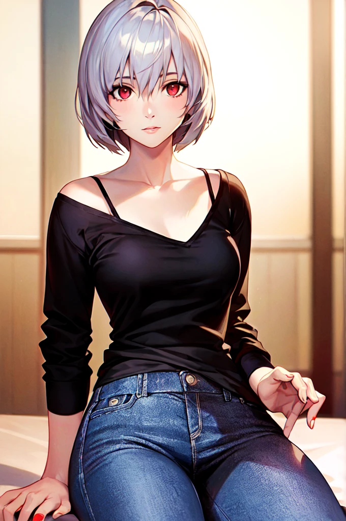 {{{Neon Genesis Evangelion, Rei Ayanami:1.9}}}, 8k, Best Quality, Super detailed, It is high resolution., Highly detailed CG, Clear, Best aesthetic, Great shading, (Photorealistic:1.3), High contrast, Ultra-thin illustration, Shrinkage rate, Beautiful detailed eyes, Beautiful detailed skin, Realistic skin, Beautiful detailed hand, Beautiful detailed fingers, Beautiful detailed hair, Detailed hair, Beautifully detailed ears, Beautiful Detail Lip, Professional Lighting, Beautiful detailed backgrounds, Very realistic backgrounds, 1 Girl, Solo, Age 25, Beautiful woman, (((Glossy pale hair, Bobcut))), (Hair between the eyes), (Dark red eyes), Inner camisole, Black jacket, jeans, Movement angle,　Lip gloss, 　Cowboy Shot, full body, blush, Expressionless, Room of Xicheng,Girl sitting,Reader model,