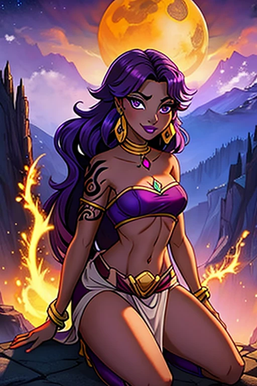 (best quality:1.3), (4K quality),masterpiece, best quality, high res, detailed, (Detailed face:1.2), (Detailed eyes:1.2), (Perfect figure:1.2), Fantasy style, Fantasy environment, solo, 1girl, 25 year old woman, sorceress, (Dark skin:1.5), purple hair, wavy hair, long hair, purple eyes, mascaras purple eyeshadow, smile, purple lipstick,(covered in tattoos:1.2), medium breasts, waist, slender legs, attractive body, slim figure, perfect shape, (Wearing: golden earrings, purple strapless top, purple loincloth, bracelets, knee-high boots), looking at viewer, both hands glowing bright purple, purple magic, bright purple sparks in both hands, BREAK She's a sorceress that wields her magical powers with grace and precision, showcasing her exceptional abilities, She exudes an air of mystery and power, The artwork captures the essence of a strong and alluring character, (Strong and alluring character:1.3), BREAK (Night time, gloomy and isolated tone, outdoors, dark clouds in the sky, purple lighting, gorgeous view of the mountains)