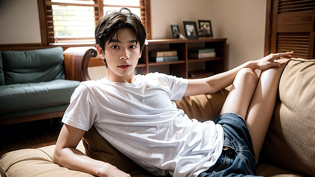 An Asian boy，in living room，Have fun