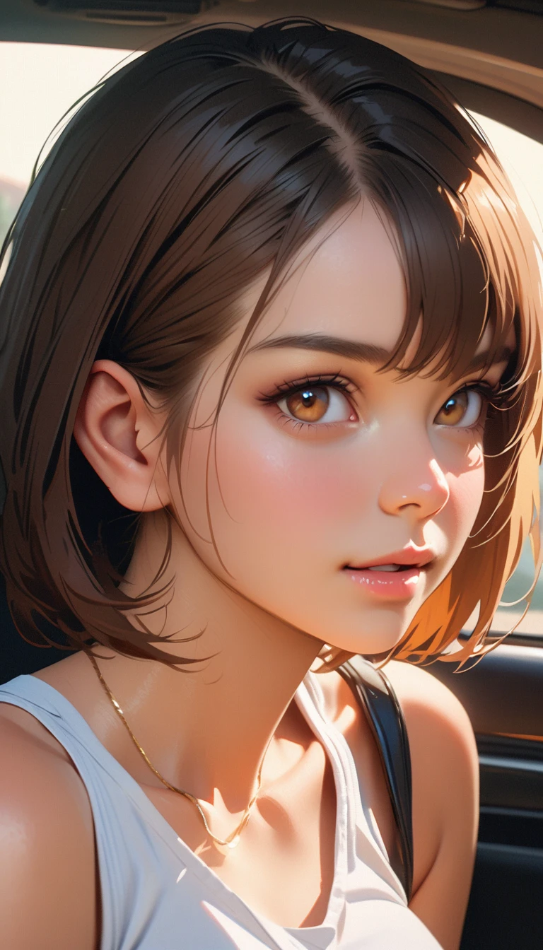 masterpiece , modern, Verism, masterpiece, super detail, best quality, 4K , [Realistic],　23 years old,woman,Short Bob,Brown Hair