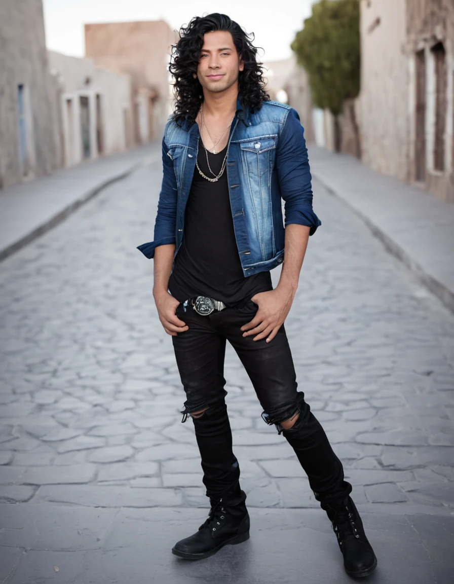 Realistic photography of a beautiful man. Full body shot. a man. Background city of Arequipa, Wears rocker clothing. The man is Hispanic, 30 years old, semi-muscular body. height: 1.65, long curly hair falling in a cascade, very light and bright blue eyes, full lips, blush, black hair, military-cut hair, pointed hair. Standing, facing the camera. Discreet smile. (photorealistic), masterpiece: 1.3, beautiful lighting, best quality, beautiful lighting, realistic and natural image, intricate details, everything in focus, perfect focus, photography, masterpiece. , tiny nuances, supreme resolution, 32K, ultra-sharp, superior quality details, realistic and complex, perfect proportions, perfect hands, perfect feet.