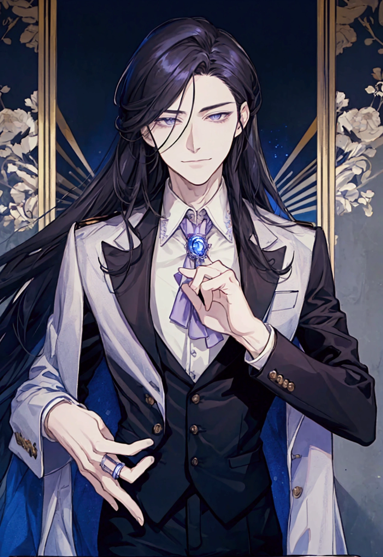 A gentleman exuding an aura of humility and strength, with an air of solitary elegance tinged with a touch of eccentricity. His long hair, not overly disheveled but slightly tousled, features a gradient transitioning from dark gold at the edges to deep brown. His eyes are deep and full of stories, a profound blue that seems to hide countless secrets, with smiling corners and a subtly upturned mouth. He wears a meticulously tailored suit, paired with a light purple shirt, and a vintage-style brooch at the collar. On his fingers, he sports a low-key but distinctive ring, and on his wrist, a simple, stylish watch with a leather strap instead of metal.