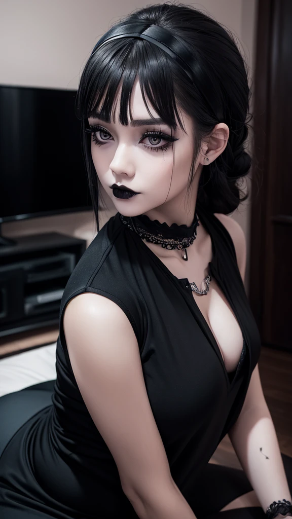 woman, perfect body, goth, emo, smoky eyes, overalls, tattoos, sitting, choker, large breasts, ponytail, black lips