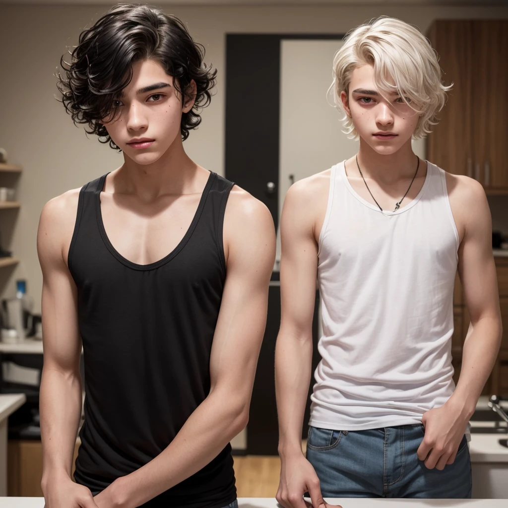 A ager with wavy hair and the tip of his hair is purple, the roots are black, but the other part of his hair is white, half half, he wears a black tank top, a binder and I have a black eye and