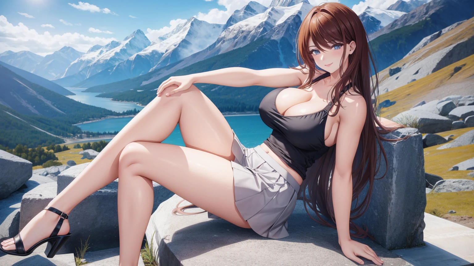 1 girl, very big breasts, very sexy body, 1 girl in, a smile, looks at the viewer, black shirt, super short white school miniskirt, full body, giant breasts, cleavage, giant breasts, heels, background in the mountains 1 girl , with big breasts. long legs QUEEN huge tits, (cleavage), high legs, (standing), sexy and muscular body. short skirt.4k hd