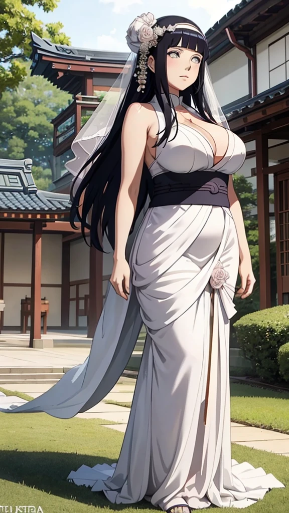 Hinata hyuga with huge breasts in a wedding dress with a huge veil neckline and bouquet in the courtyard of a Japanese temple 