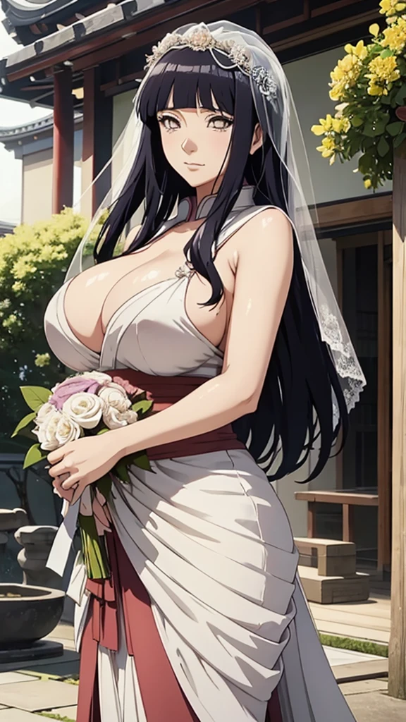 Hinata hyuga with huge breasts in a wedding dress with a huge veil neckline and bouquet in the courtyard of a Japanese temple