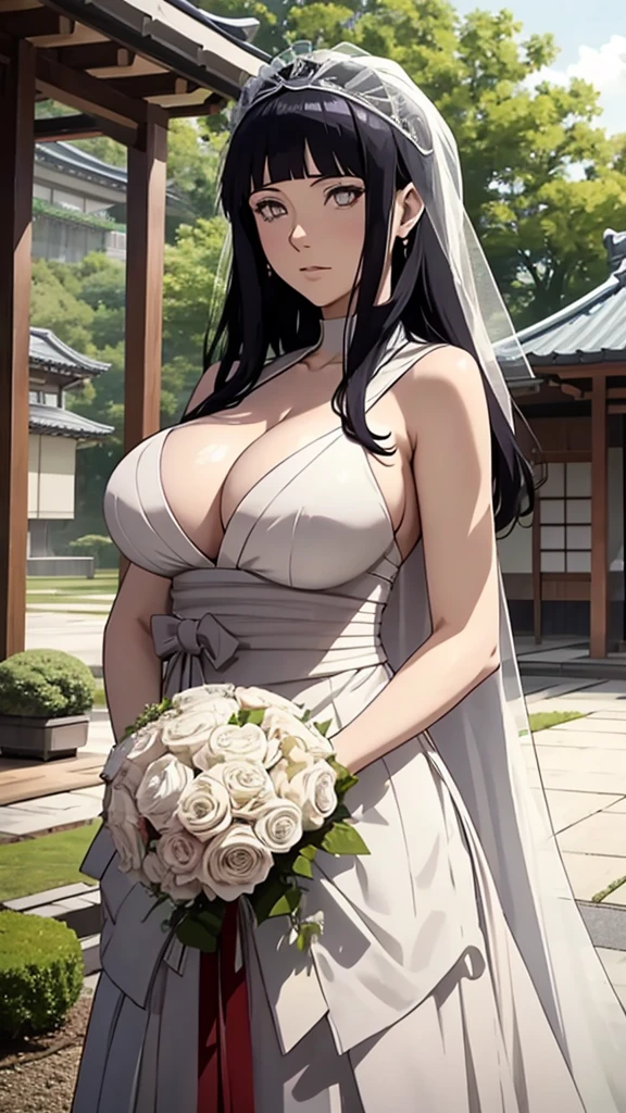 Hinata hyuga with huge breasts in a wedding dress with a huge veil neckline and bouquet in the courtyard of a Japanese temple 