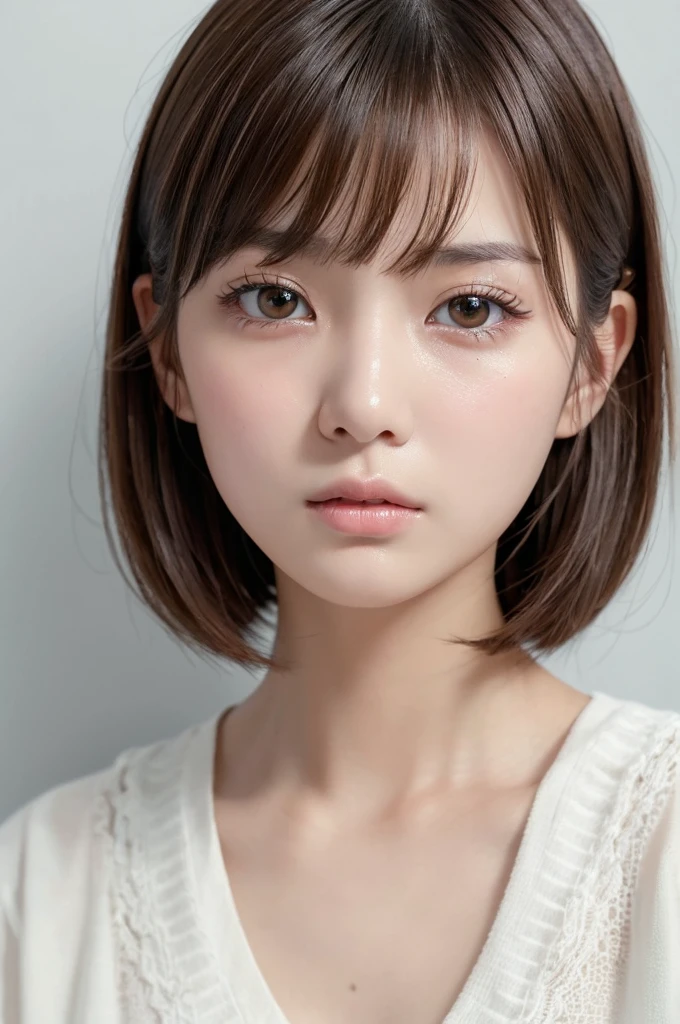 masterpiece、1 beautiful girl、Detailed eyes、Puffy eyes、Highest quality, 超High resolution, (Reality: 1.4), Cinema Lighting、Asian Beauty、Korean、Super Beauty、Beautiful Skin、Slender、(Surreal)、(High resolution)、(8k)、(Very detailed)、(Beautiful and detailed eyes)、(Ultra-detailed)、 (wall-)、Detailed face、Bright lighting、Professional Lighting、View your viewers、Diagonal bangs、Brown Hair、Short Hair、Age 19、expensive, Scared, Crying face、Worried brow、tears、One person