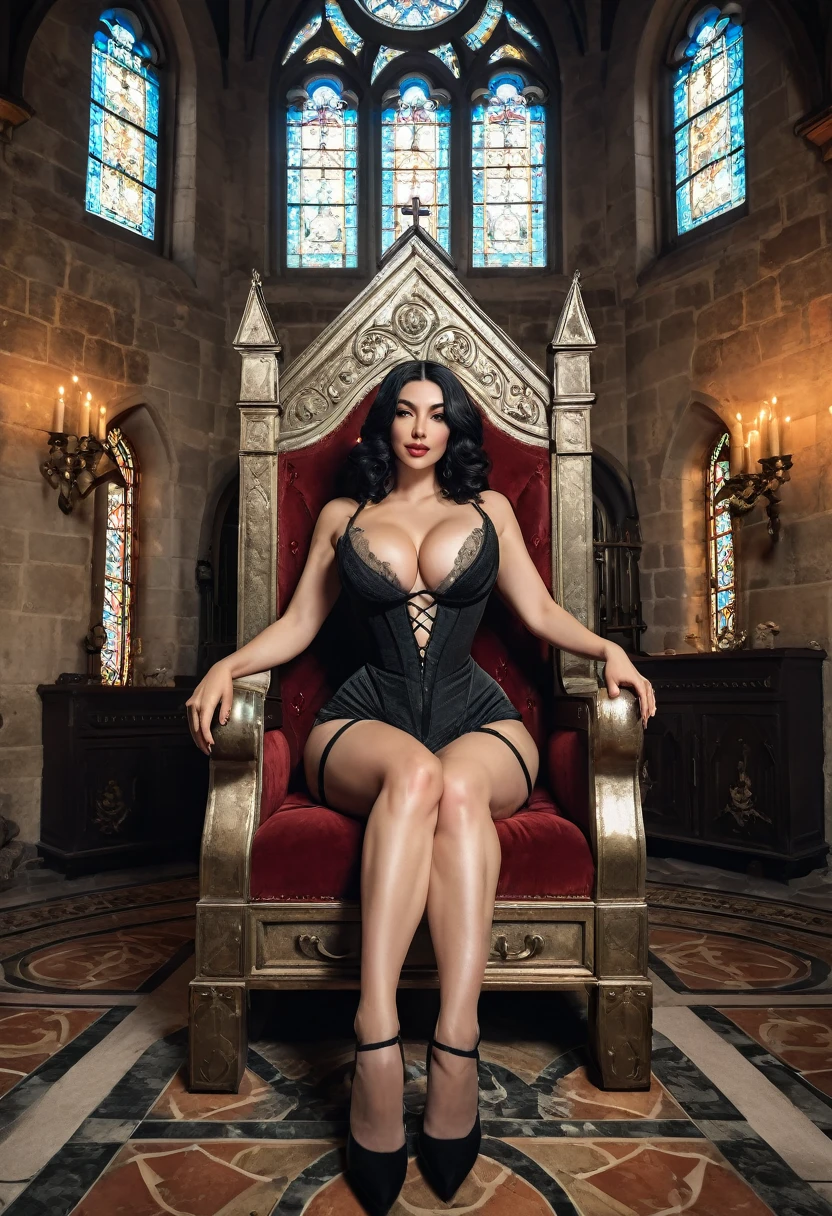 A beautiful elvish queen with re4d hair sitting on a throne wearing a black robe and a silver dagger; Her left breast is visible and she looks seductive yet mysterious, at her feet there is a magic sword and mushrooms; she is surrounded by several naked elvish servants that are praying to her on their knees.