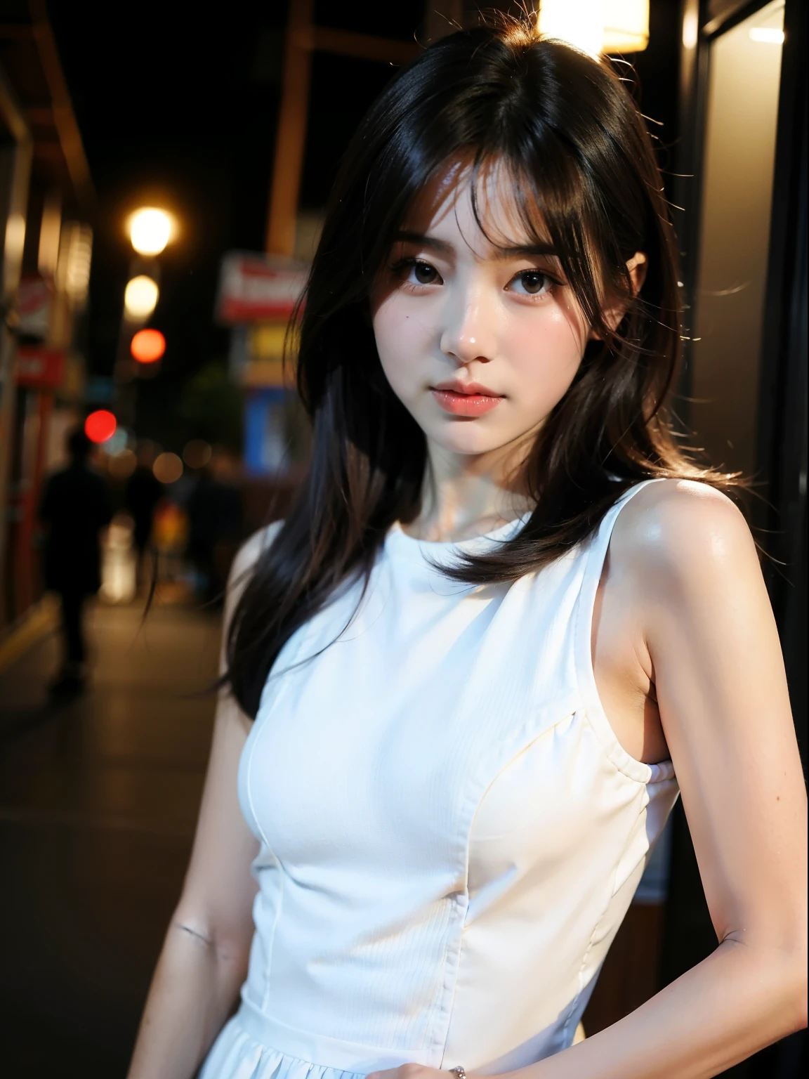 woman has her hands tied、(shibari)、((Hands behind back))、((((Place your hands behind your back))))、(((Both wrists are tied with rope)))、Align the rope and wrap it neatly.、Beauty、20 years old、talent、Wearing a short-sleeved blouse、Wearing a skirt、Standing on the roof of a building at night、(Beautiful starry sky)、Uniform eyes、Well-proportioned、Medium build、Small Bust、, black hair, straight hair, earrings, sad, highres、, messy hair, Surrealism, cinematic lighting, tachi-e, first-person view, from behind, f/1.2, Nikon, from behind, cowboy shot, UHD, anatomically correct, best quality