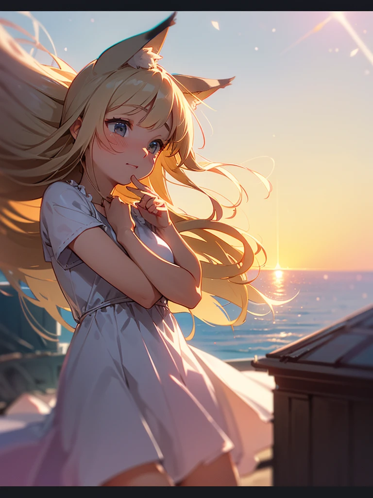 (Sumilux f1.4 24mm , low Latitude old color negative film , cross process , bokeh, flare, chromatic aberration , soft focus, (Shallow focus) , soft glow , Maximum aperture, High Key , Transparent depiction) , dynamic wide angle , Girl peering in , fox ear , Summer dress, strong wind , The hem flutters , in the Roof of a house on a hill overlooking the sea