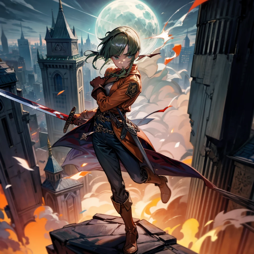 1girl, Full body version, 1character, green eyes, short haircut, (green color hair), soldier style clothing, red colour clothing, jacket, jeans, belt, boots, gloves, Grassroots, background On the roof of a city building, motion blur, (detective conan style art), sword in hand, fire effect on sword, lighting effect on sword, fire effect, smoke effect, aura effect, Moonlight, bloody background, blood on face, blood on shirt, blood on sword