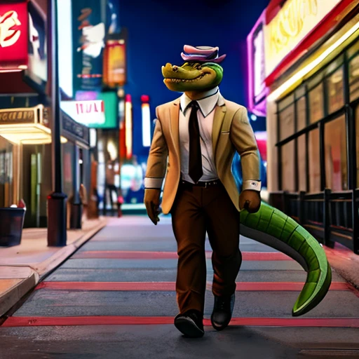 alligator, hat, collar and cuffs, new york city, walking, solo, anthro, male