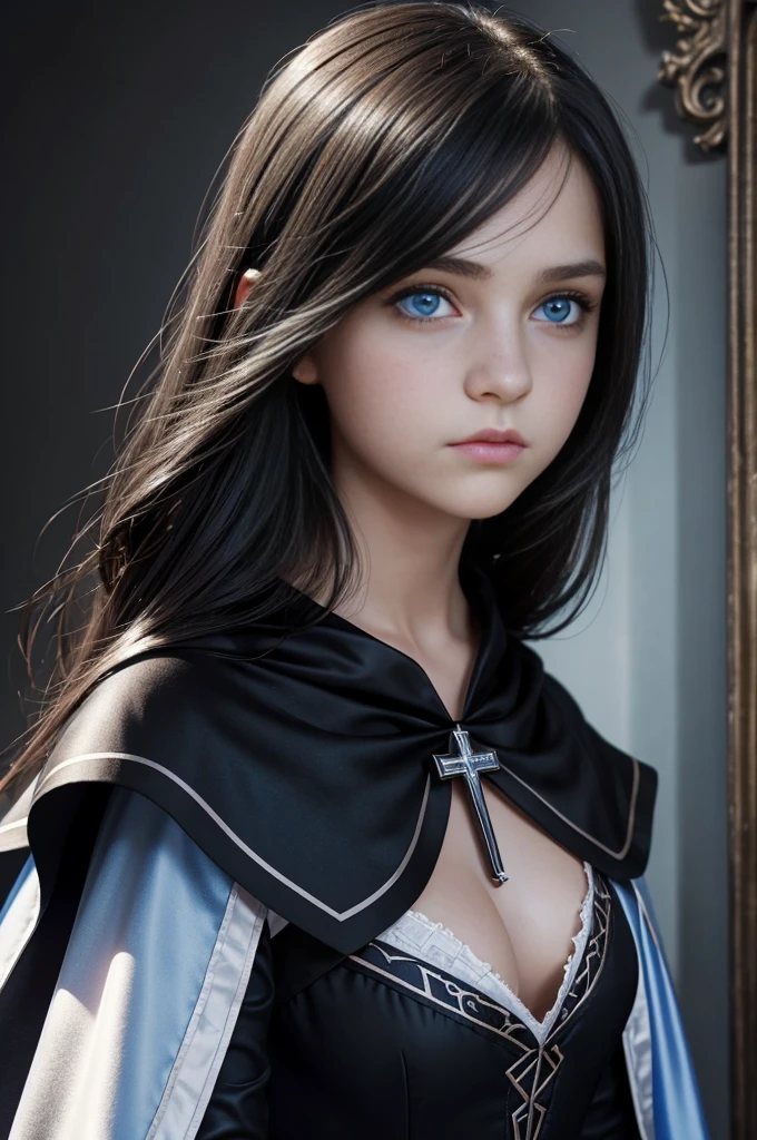 TeEn girl, evil, teenager(1.3),13 years old, teen girl,very small breats, black hair and blue eyes, detailed face, ,cleavage, dress with cape, desing with christian cross ,background in prussia