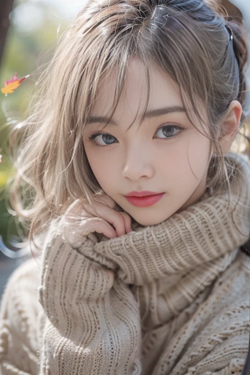 sitting on a park bench、(RAW shooting), (((Overall image)))、35age、((Red sweater with high neck))、White scarf around neck、Long thin earrings、Round eyes、Cheek on ear、correct、make、smile、Biting the lower lip、(((Close one eye and wink)))、Soft lips、誘惑的なsmile、Sparkle、Darker lipstick、Cheek on nose、(Autumn leaves)、((Watery eyes))、Asymmetrical Hair、Real Skin、Blonde Hair、Very realistic,Gray Hair、Messy Hair、Hair behind the ear、Floating Hair、Short Hair、Boyish Hair、Blunt bangs、Drop Shadow、Hyperrealism、Contemporary Art、shine、reflected light、Ultra Wide Angle、16K、Super detailed、最high quality、uhd、Anatomically correct、Awards、最high quality、Ultra high detail、high quality、High resolution、Textured skin、correct、masterpiece、((Cold Pose:1))、(((Shoot from different distances and angles:1.5)))、Super close-up of the face