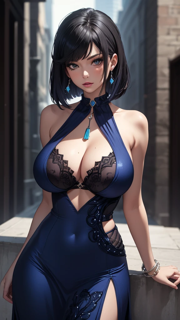 Best quality, masterpiece, realistic, Beautiful sexy cool tall, slim, fit woman, wearing sexy short fancy silver-blue sequin  dress, intricate and highly detailed, big breasts, deep cleavage, bob black hair, body chain, jewelry.