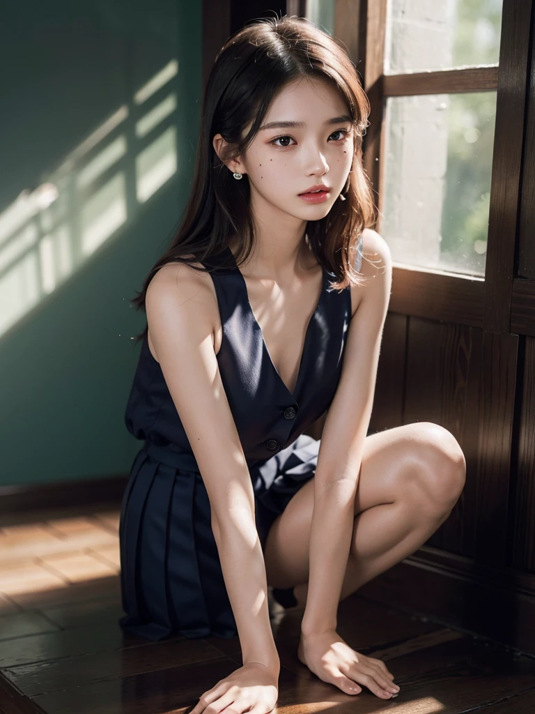 absurdres, RAW photo, extremely delicate and beautiful, masterpiece, Best Quality, ultra high resolution, 32k, hyperrealistic, ultra-detailed, perfect anatomy, super Detailed skin, perfect figure, Super Beauty, Perfect Style, Perfect balance, Beautiful Lighting, Perfect Lightning, Realistic Shadows, 20 years old, very Slim body, narrow waist, very small head, very small face, delicate facial features, tearful mole, earring, very huge round breasts, medium hair, asymmetrical hair, (full body), (school_uniform), collared shirt, sleeveless, bare legs,