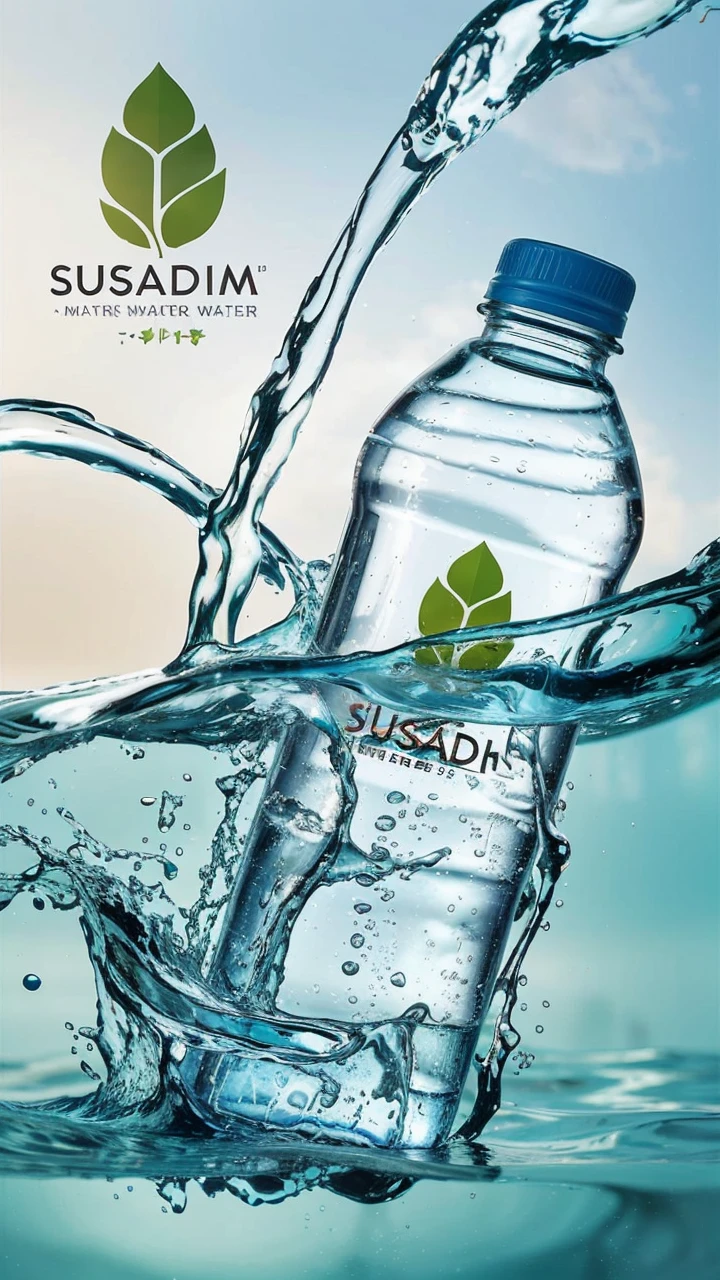 Create an image of a mineral water bottle. The water bottle is centered in the center of the image, surrounded by flowing water.
- There is a large drop of water spilling from the top.
- Slogan الشركة موجود في الزاوية العلوية اليسرى.
- The main colors are light blue for the water and background.
- Green color for the logo and leaf icon.
- White for light reflections on the water and bottle.
- Strong lighting from behind highlights the transparency of the bottle and water.
- Reflections and sparkles on the surface of the water and bottle to add shine.
- Light shadows under bubbles and drops to give depth.
- Realistic bubbles in the water.
- Small water drops scattered.
- Wavy water texture around the bottle.
- Dynamic movement of water around the bottle.
- Freeze the movement of flowing water to create a refreshing sensation.
- Slogan "Asthma" Clear on the bottle and at the top of the photo.
- Use of the sign's distinctive green font - A combination of photography and digital processing.