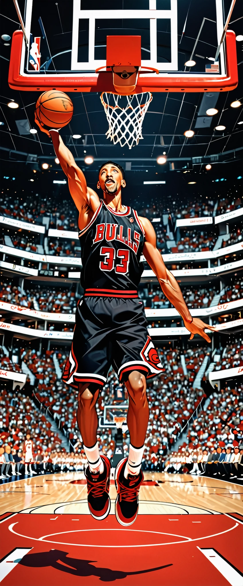 (masterpiece:1.2,Highest quality,Highest quality,High resolution),(Super detailed),(An illustration),8k,wallpaper,One Man,Black,Basketball Player,Scottie Pippen,Chicago Bulls style uniform,((front)),((Directly above)),((Lean your body back)),(((Jump very high:1.4))),((Look up at the ball)),((Dunk Shot:1.5)),(dynamic),Basketball Court,(((Background Blur)))