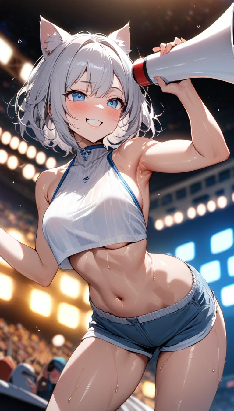1girl、(((best quality)), ((masterpiece)), (details), masterpiece, best quality, high quality, ulutra detailed, perfect face, ((1girl, Blue eyes, cat ears: 1.3 silver bob hair: 2.5,))、Shiny Hair、Glowing Skin、smile、Lustful look、I can see your toned stomach、Sideboob、Underboob、Cheergirl Costume、Shorts、Butt、((Speaking through a megaphone))、Stadium Background、smile、Sweat glistens、Cheeks are a little red、whole body、dance