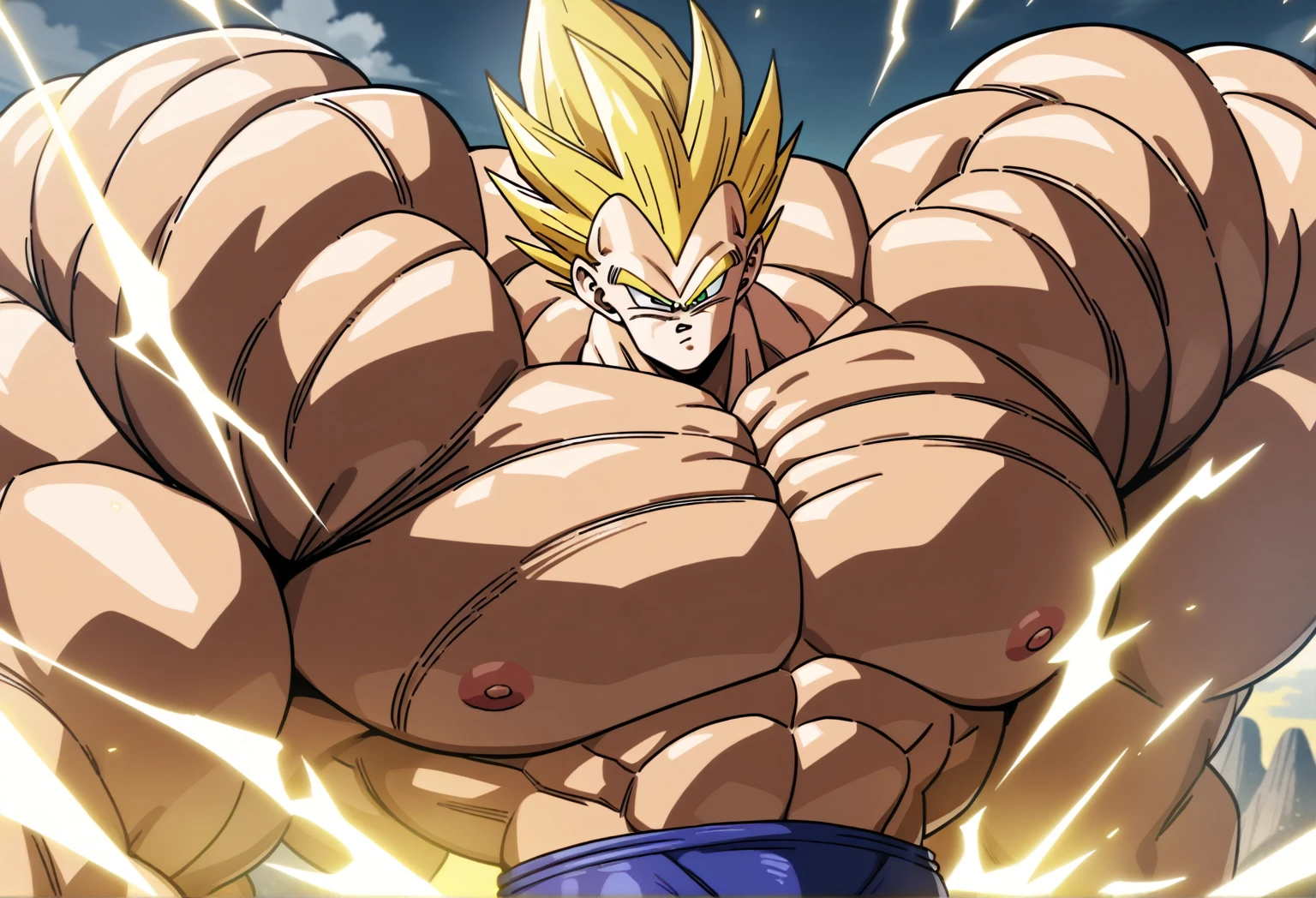 1boy, Vegeta, from Dragon Ball Z, masterpiece, best quality, very aesthetic, absurdres, saiyan, green eyes, spiked hair, (yellow hair:1.5), shirtless, blue skintight pants, white gloves, (huge muscles:2.5), dragonballartstyle, in the style of Akira Toriyama, white tiled floor, outdoors, flat-top mountains, nipples, yellow aura, electricity, nipples