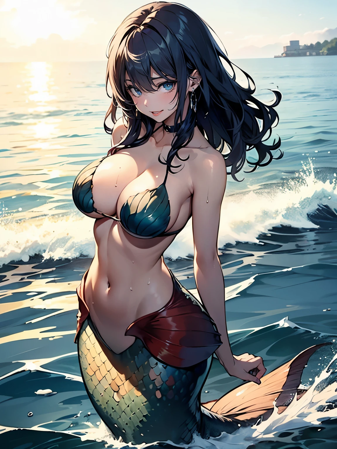((Seductive lady:1.3, solo:1.5))、((fusion of mermaid and lady:1.4))、((dynamic angle:1.2))、full body、(huge breasts)、blue hair、((wet))、((sweat))、((moistened skin))、((swimming:1.3、in the sea))、((Wave Splash:1.2))、((underboob:1.3))、((collarbone))、((Glossy realistic skin texture))、((shiny skin))、masterpiece, ultra-detailliert, 8k, hiquality, Top image quality, Smooth texture、watercolor、arched back、Touching hair