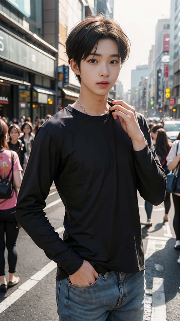 (masterpiece、top-quality、top-quality、raw、A hyper-realistic)、Urban cityscape、Shibuya cityscape、a handsome、twinks、(((Korean in his 20s with idol face)))、A slender、(((Please wear a plain black long-sleeved T-shirt all over your body.)))、((whole body visible))、(standing straight ahead)、Wearing jeans、ighly detailed、colourfull、highestdetailed
