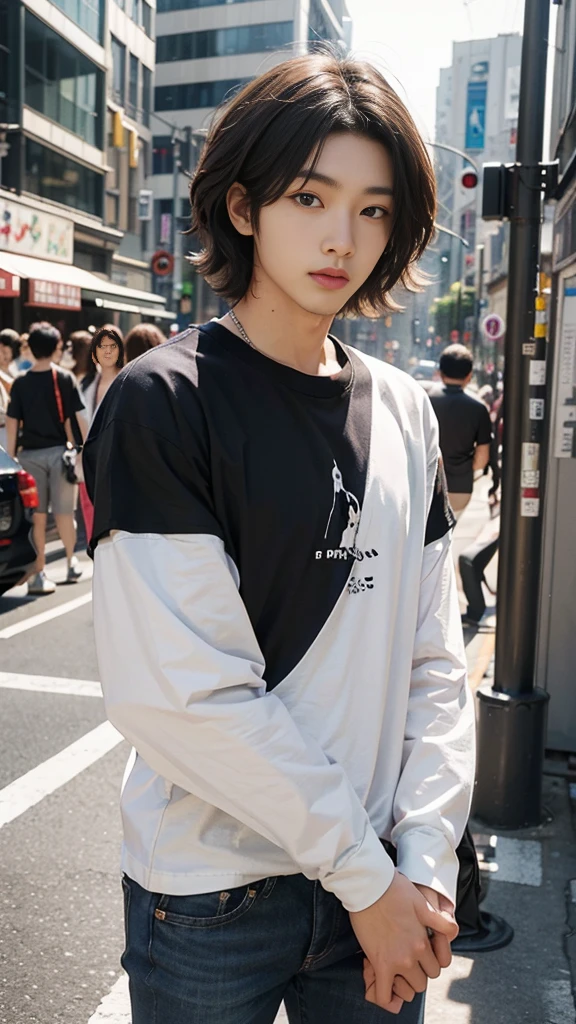 (masterpiece、top-quality、top-quality、raw、A hyper-realistic)、Urban cityscape、Shibuya cityscape、a handsome、twinks、(((Korean in his 20s with idol face)))、A slender、(((Please wear a plain black long-sleeved T-shirt all over your body.)))、((whole body visible))、(standing straight ahead)、Wearing jeans、ighly detailed、colourfull、highestdetailed