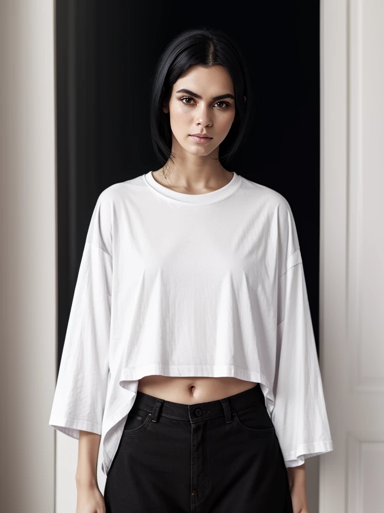 Best quality, masterpiece, ultra high res, (photorealistic:1.5), raw photo, 1 mature Ancient Egyptian girl, (((white cropped oversized t-shirt hirt))), wide shoulders, in the dark, deep shadow, low key, cold light, sexy look, black Cleopatra's hair (((black hair))), bright eyes, yin sanpaku eyes, eyeshadow, (((plain white background))), cinematic studio lighting