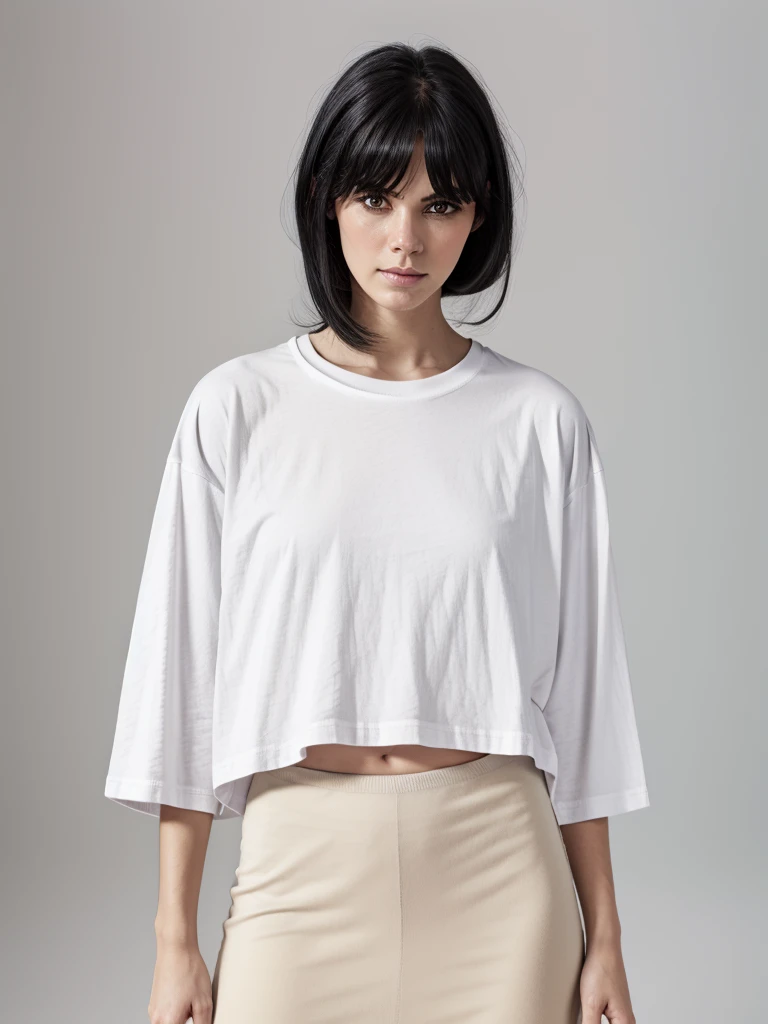 Best quality, masterpiece, ultra high res, (photorealistic:1.5), raw photo, 1 mature Ancient Egyptian girl, (((white cropped oversized t-shirt hirt))), wide shoulders, in the dark, deep shadow, low key, cold light, sexy look, black Cleopatra's hair (((black hair))), bright eyes, yin sanpaku eyes, eyeshadow, (((plain white background))), cinematic studio lighting