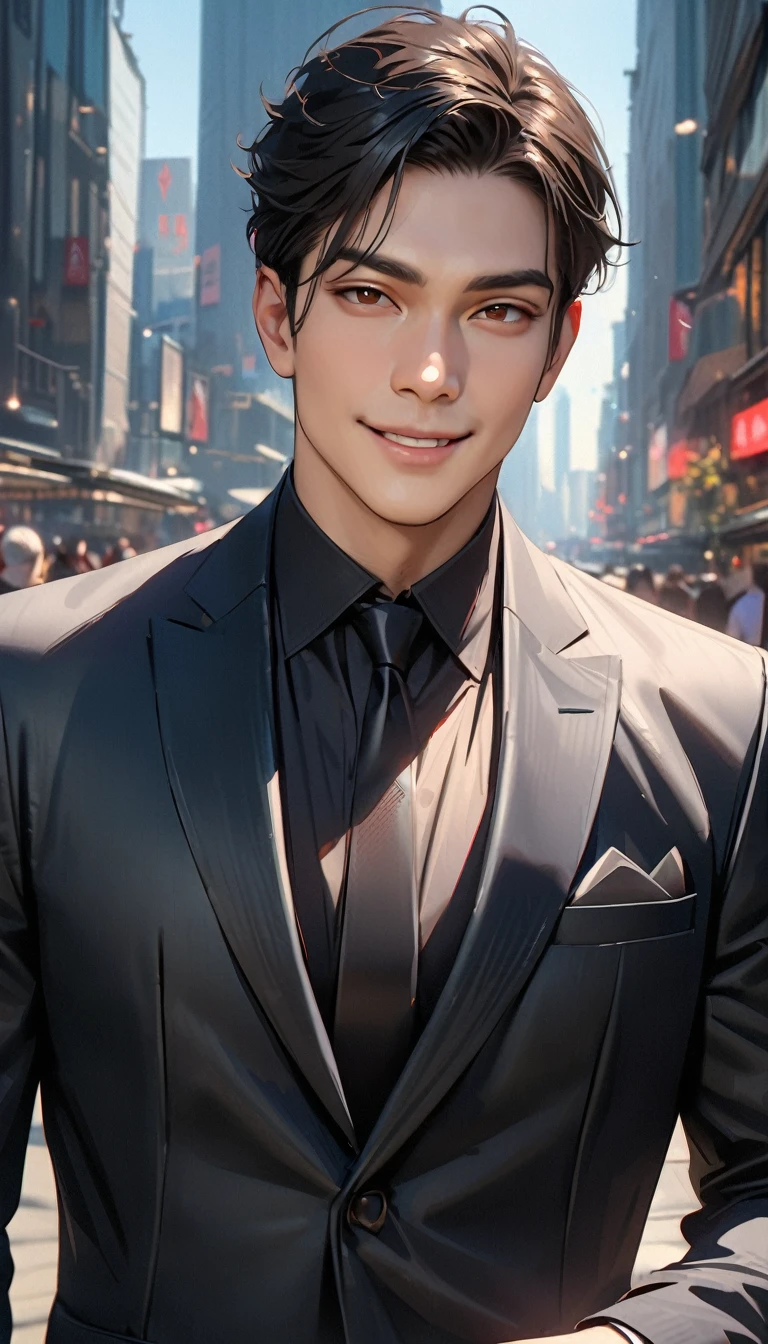 masterpiece , modern, Verism, masterpiece, super detail, best quality, 4K , [Realistic], A handsome man with short black hair is wearing a charcoal gray suit. He has a kind and sincere smile.