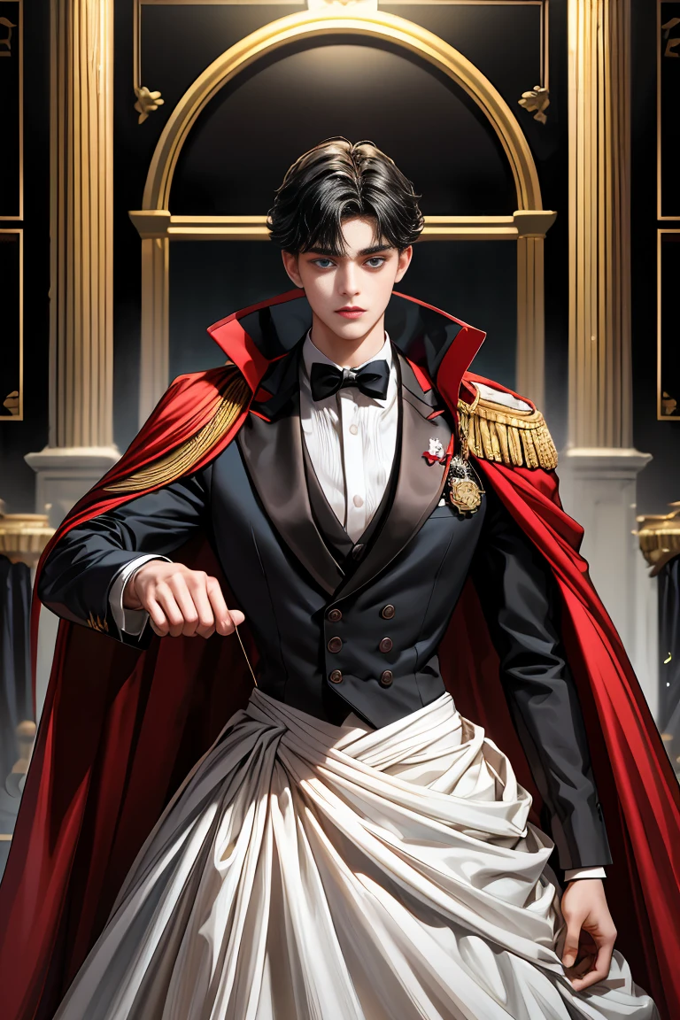 
masterpiece, 最high quality, high quality, 1 boy, alone, Male focus, Watching the audience,  Messy black hair, Adorable big blue eyes, White people, Noble, Noble,Sexy voluminous black and red cape、Tuxedo、A very voluminous, large, very large, very large, long, long red and black cape with a high stand-up collar, reaching down to the floor, made of a lot of fabric., ,Cute beautiful boys,Cute, cute, kind, handsome guy