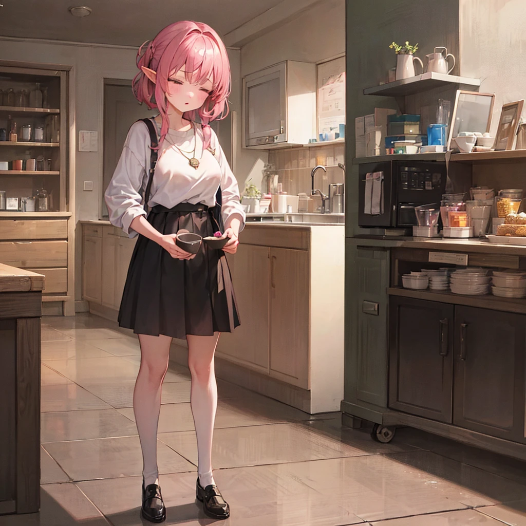 A girl who has short pink hair that reaches past her neck, she has some decorations in her hair and has pointy elf ears, she has pink eyebrows and her hairlines are also pink, the pupils of her eyes are a very bright blue color, she has a young face similar to her body she is standing in the kitchen of a modern dormitory with a cute sleepy face and has just woken up with a cup of coffee in her hand she is 16 years old and has a young body but it is not voluminous, it just has curves She is wearing a long white sweater
