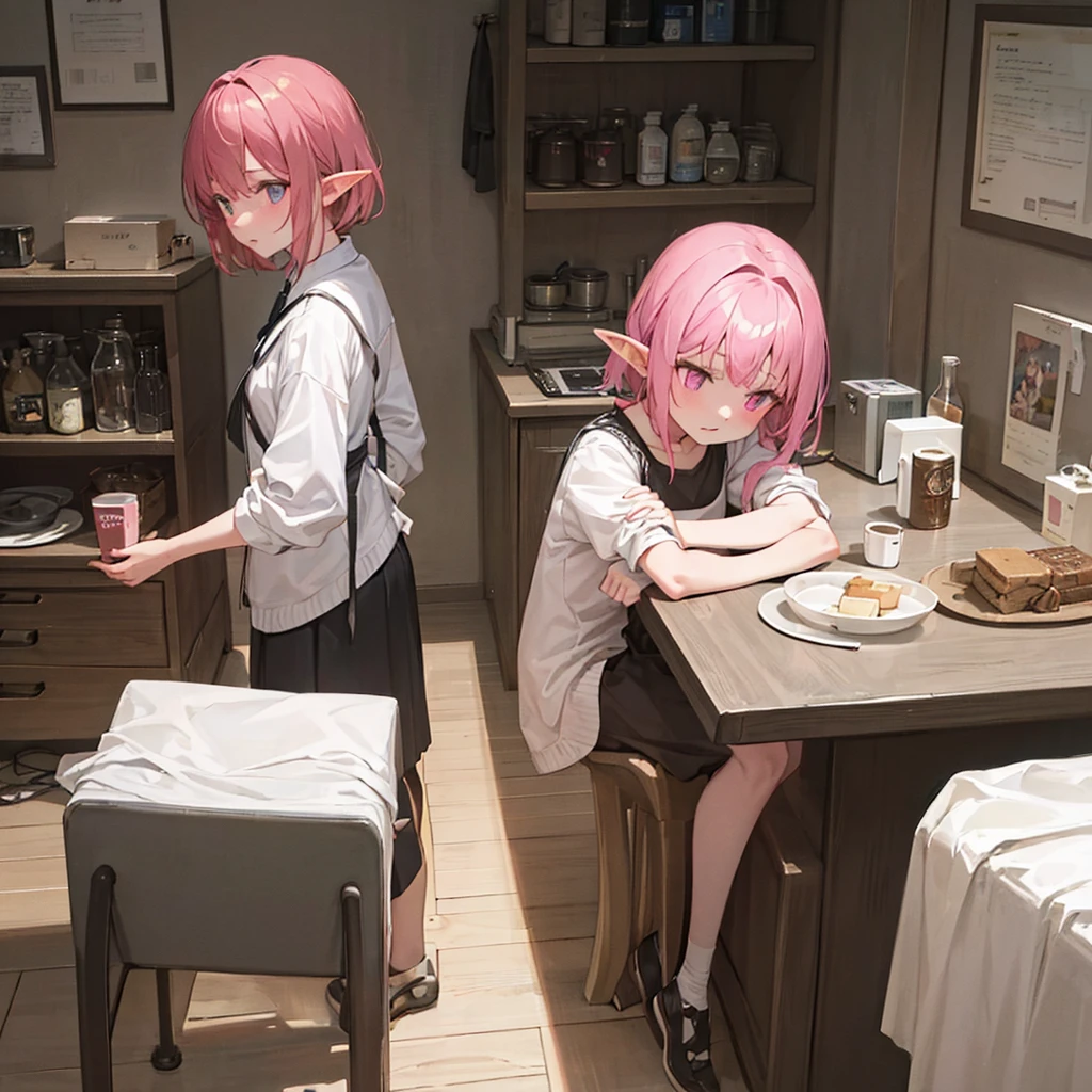 A girl who has short pink hair that reaches past her neck, she has some decorations in her hair and has pointy elf ears, she has pink eyebrows and her hairlines are also pink, the pupils of her eyes are a very bright blue color, she has a young face similar to her body she is standing in the kitchen of a modern dormitory with a cute sleepy face and has just woken up with a cup of coffee in her hand she is 16 years old and has a young body but it is not voluminous, it just has curves She is wearing a long white sweater