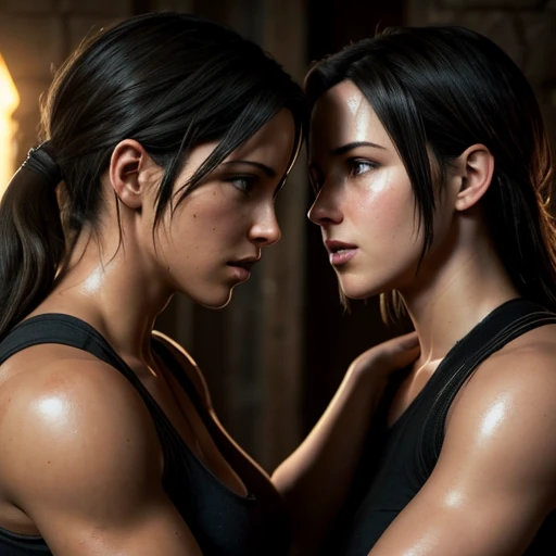Lara Croft and Tifa Lockhart kissing, nsfw, (skin texture:1.1), (high detail face:1.1), high detail body, high detail clothes, (masterpiece), (realistic), ultra high definition, 4k, ultra high resolution, film grain, cinematic lighting, rim lighting, photo by Arny Freytag, RAW image