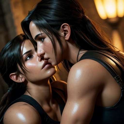 Lara Croft and Tifa Lockhart kissing, nsfw, (skin texture:1.1), (high detail face:1.1), high detail body, high detail clothes, (masterpiece), (realistic), ultra high definition, 4k, ultra high resolution, film grain, cinematic lighting, rim lighting, photo by Arny Freytag, RAW image