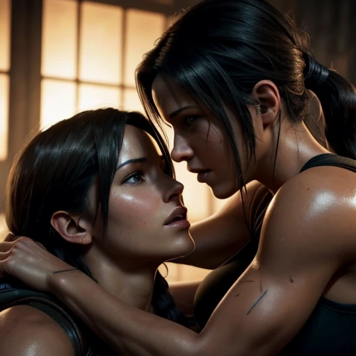 Lara Croft and Tifa Lockhart kissing, nsfw, (skin texture:1.1), (high detail face:1.1), high detail body, high detail clothes, (masterpiece), (realistic), ultra high definition, 4k, ultra high resolution, film grain, cinematic lighting, rim lighting, photo by Arny Freytag, RAW image